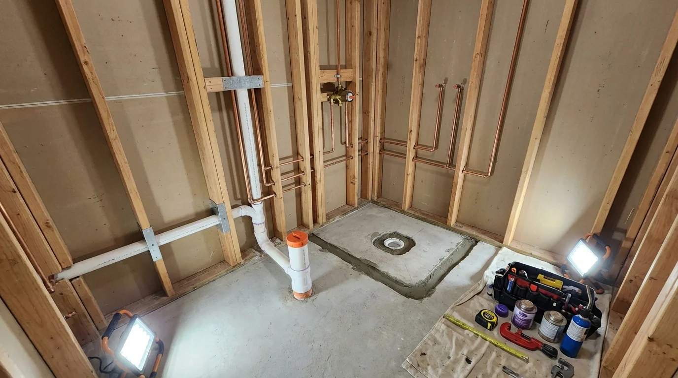 Bathroom rough-in plumbing during remodel by Johns Plumbing LLC in North Highlands