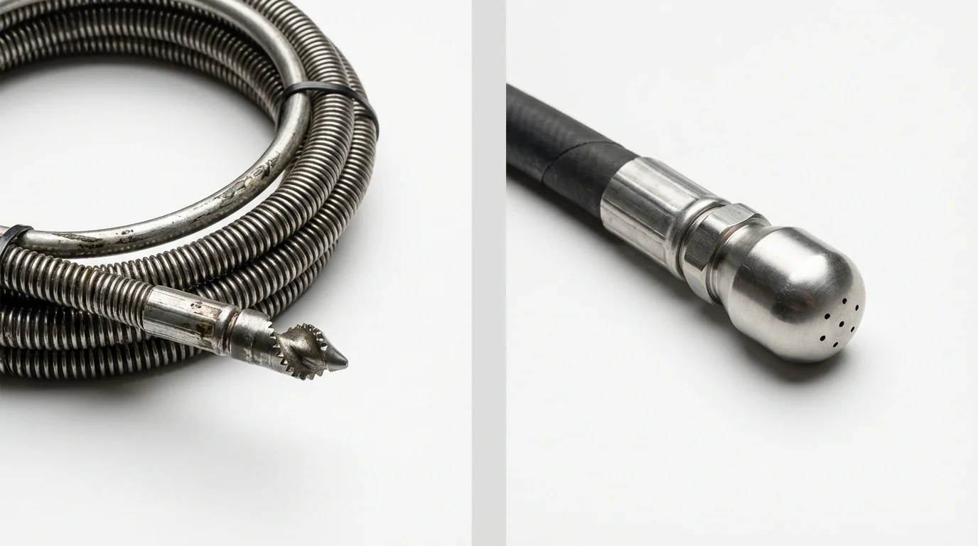 Drain snake cable and hydro jetting nozzle used for drain cleaning in North Highlands, CA