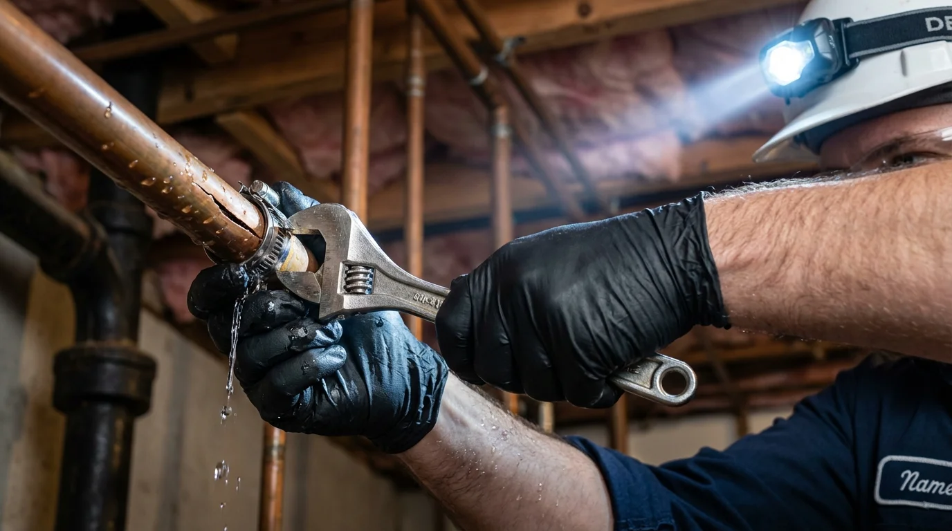 Emergency pipe clamp repair being performed by a Johns Plumbing LLC plumber in North Highlands