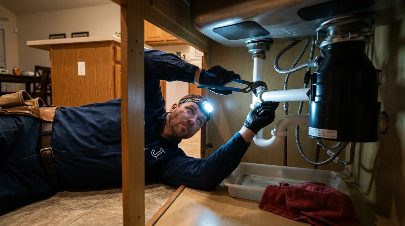 P-trap and supply line connections under a kitchen sink showing a common leak point in North Highlands, CA